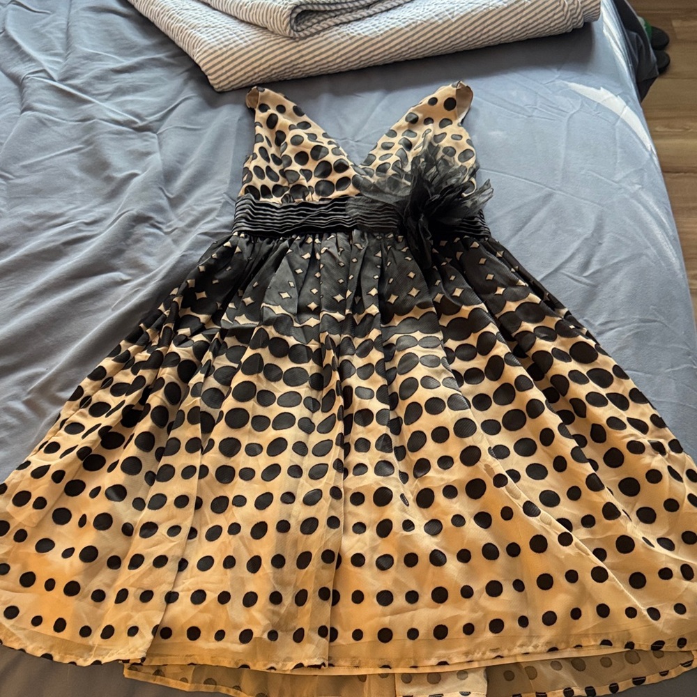 Anthropologie Black and Tan Polka Dot Midi Dress